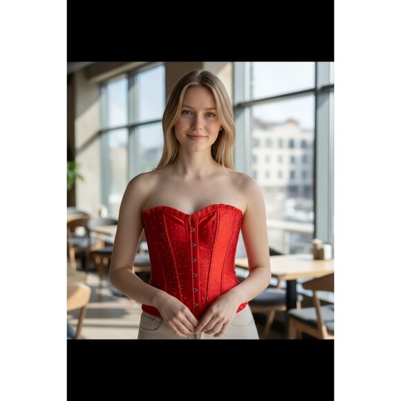Red Velvet Rhinestone Corset Top Strapless Lace Up Design Medium - Picture 1 of 10